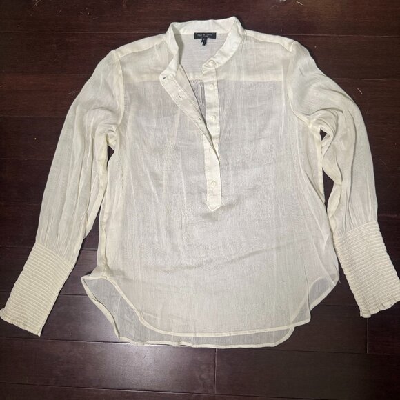 Rag & Bone White Silk Blend Blouse - Sheer Long Sleeve Popover Top - Picture 1 of 5